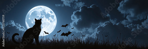 Silhouettes of a cat and bats under the full moon, embodying the spooky essence of Halloween.