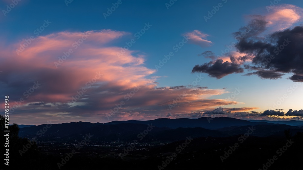 Fototapeta premium peace. A breathtaking sunset sky panorama with vibrant warm hues and glowing clouds. inspiring travel planning, travel magazines, designed for travel destination branding, inspires travel planning.