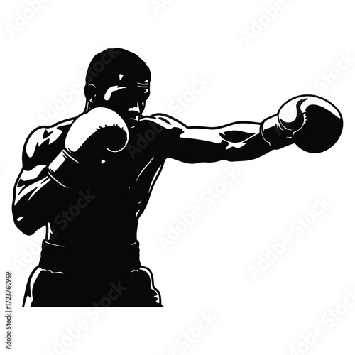 Silhouette of a boxer delivering a punch on white background art