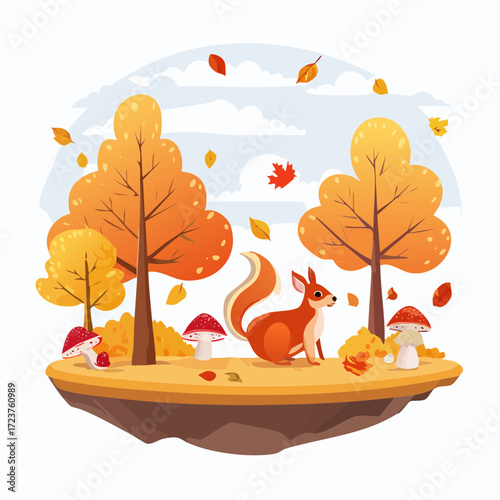 Adorable Cartoon Squirrel in Autumnal Setting Red Fur Long Tail Standing Pose.