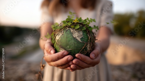 Hands Holding Green Planet Earth with Growing Vines for Environm