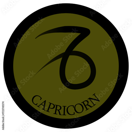 Circle with the zodiac sign Capricorn. Capricorn sign in a green circle with a black rough border. Capricorn inscription below the circle.
