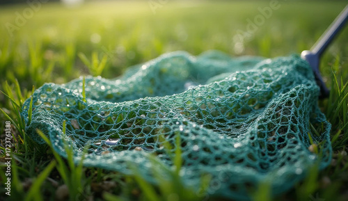 Green synthetic fishing keepnet on grass with dew drops, close-up of mesh texture and metal handle in soft sunlight. Suitable for fishing, catch storage, and outdoor recreation
