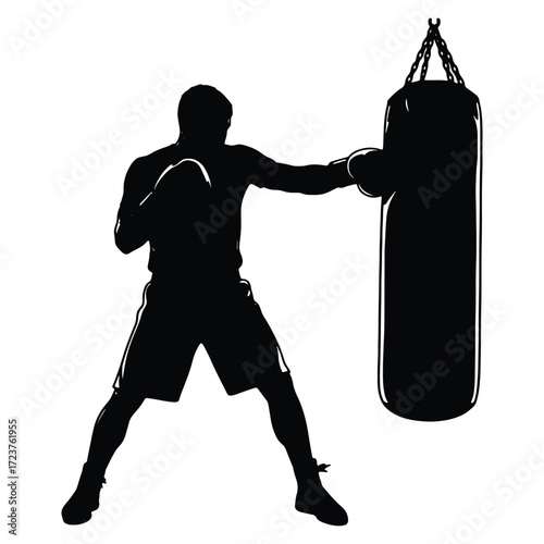 Silhouette of a Boxer Training with Punching Bag in Gym