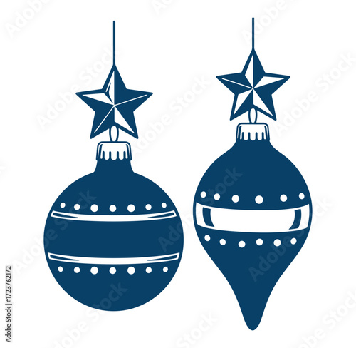 Two navy blue stylized christmas tree ornaments with star toppers on white background