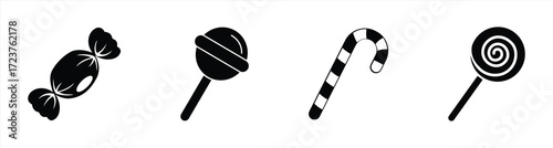 Candy and Lollipop Icon Set – Vector Illustration of Sweet Candy, Round Lollipop, Candy Cane, and Spiral Lollipop for Dessert, Snack, Festival, and Holiday Celebration Design