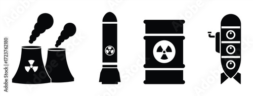 Nuclear Energy and Weapon Icon Set – Vector Illustration of Nuclear Power Plant, Radiation Barrel, Atomic Bomb, and Submarine Missile for Energy, Danger, and Military Design