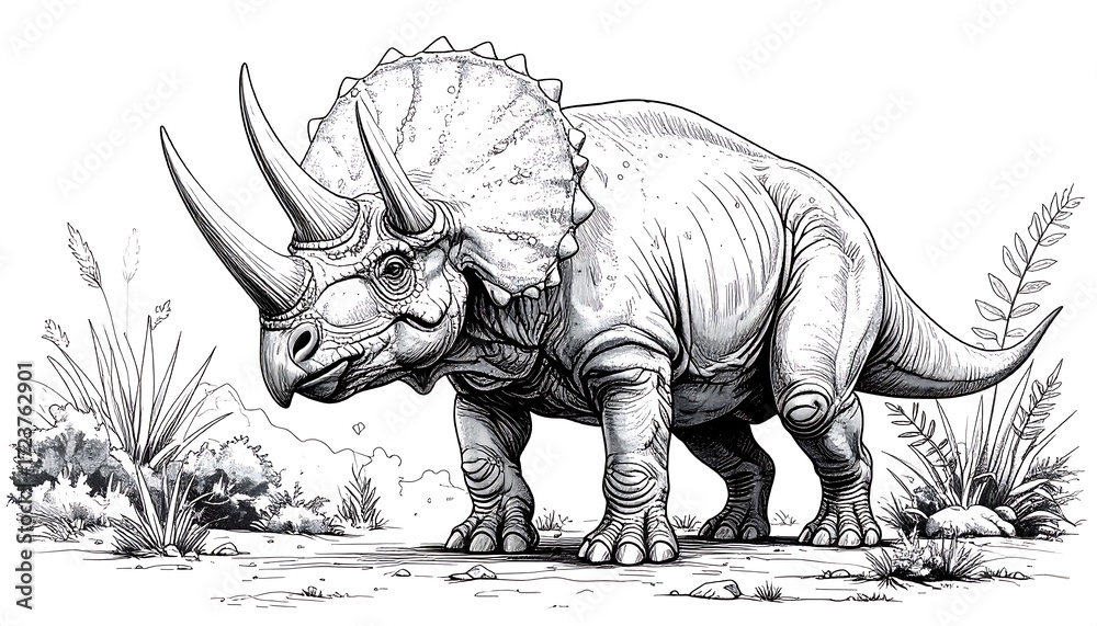 Fototapeta premium Black and white illustration of a Triceratops