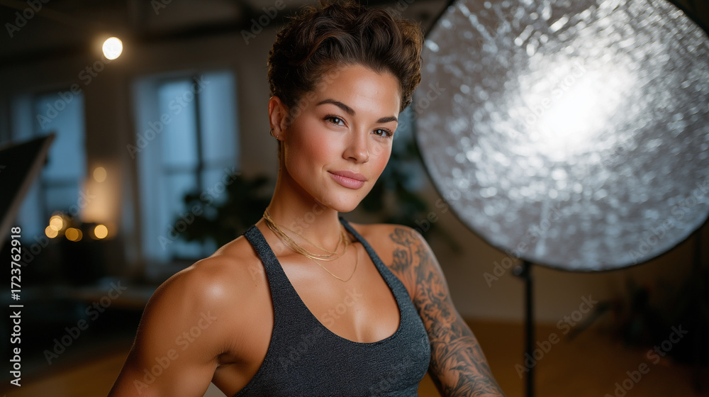 Naklejka premium Tattoo Portfolio Shoot: A model posing to display a full arm tattoo in a studio with a camera a reflector and a minimalist backdrop. high quality photo ultra high detail 8K