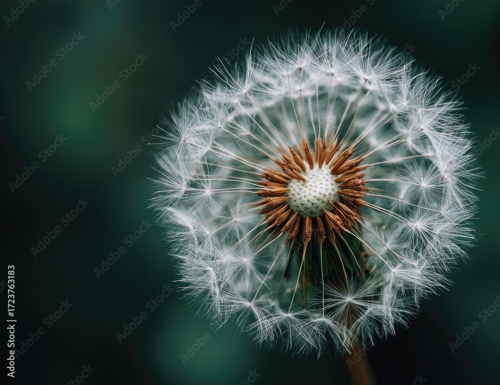 Fototapeta premium Close-up of a dandelion seed head. Soft, white seeds radiate outward from a central, brownish-tan seed receptacle. Dark teal-green background softly blurs