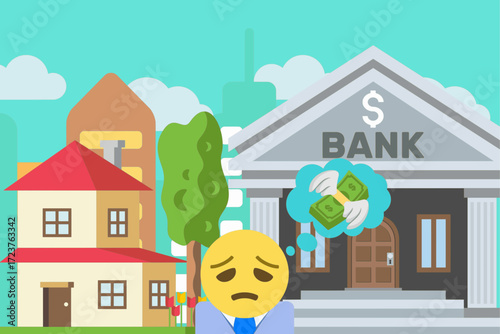 Vector illustration of a sad emoji businessman in front of a bank with a thought bubble showing money with wings. Concept of financial loss, debt, expenses, or economic problems.