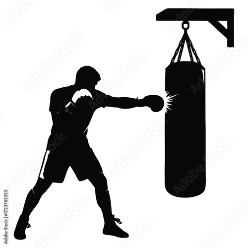 Silhouette of boxer practicing with punching bag fitness and training