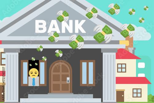Vector illustration of a sad emoji banker in a bank building with money flying away with wings. Concept of financial loss, expenses, or money disappearing.