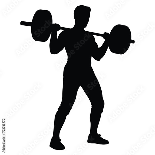 Silhouette of muscular man performing barbell squat exercise for fitness