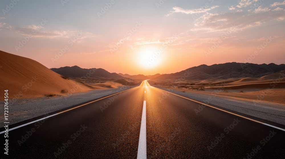 Fototapeta premium Cinematic view of desert highway stretching into horizon, surrounded by sand dunes and mountains under vibrant sunset sky. scene evokes sense of adventure and serenity