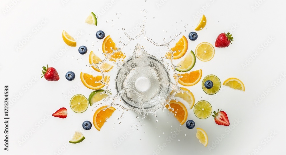 Obraz premium Effervescent tablet is dissolving, creating a symmetrical, outward explosion of real fruit slices and water splashes on a clean white surface