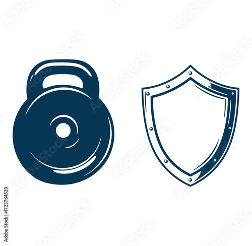 Vector illustration of a kettlebell and shield representing strength and protection