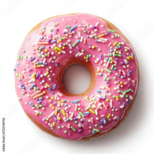 Top-down view of a single glazed donut.  A vibrant pink icing covers the entire donut, topped with colorful sprinkles.  