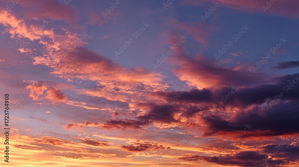 Fototapeta premium peace. A breathtaking sunset sky panorama with vibrant warm hues and glowing clouds. inspiring travel planning, travel magazines, designed for travel destination branding, inspires travel planning.