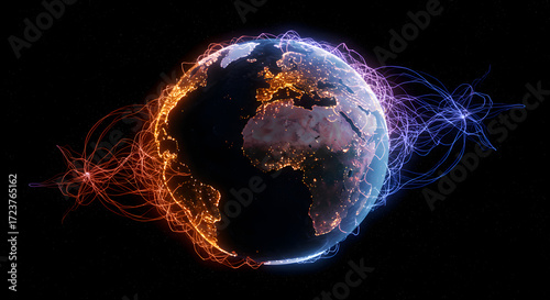 Digital Rendering Of Earth With Vibrant Glowing Lines Representing Data Transfer And Connectivity