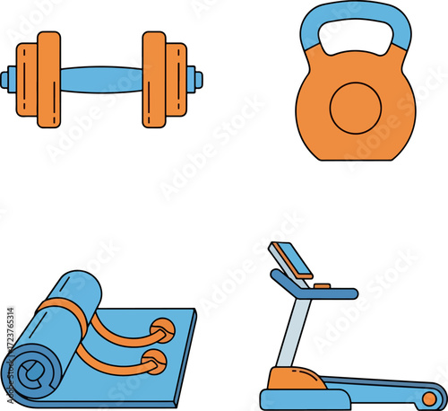 Fitness Icons Gym Equipment & Training Essentials in Flat 2D Design for Healthy Lifestyle, Workout Routines, Weightlifting & Cardio Exercise