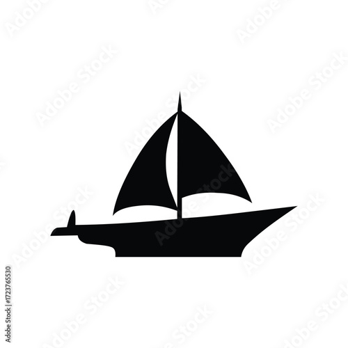 Illustration of a black sailboat isolated on white background, a symbol of maritime travel and recreation