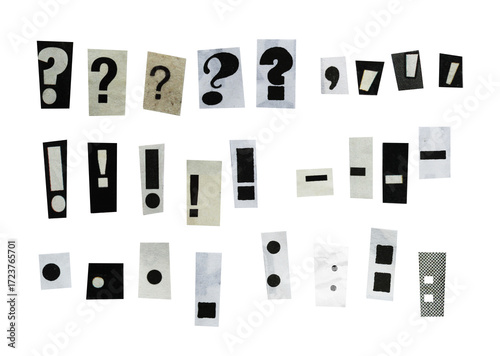 black and white collage symbols elements, exclamation mark, question mark