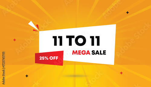 11 to 11 mega sale 25 percent off editable web banner vector art illustration badge icon label business white red gradient shapes orange yellow sunshine abstract background
