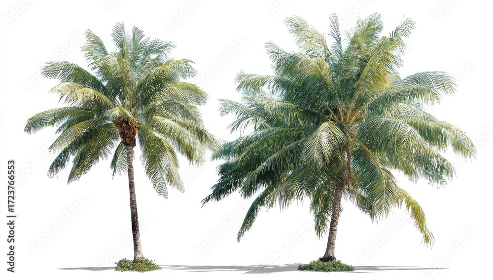 Fototapeta premium Two coconut palms against a white background. Healthy, lush green fronds and trunks, isolated