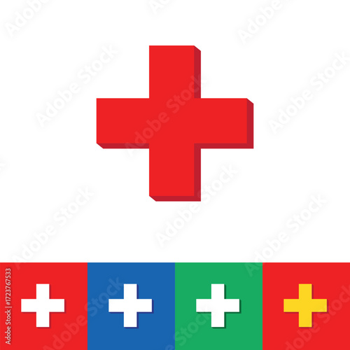 Medical cross symbol set in red, white, blue, green, and yellow colors. Vector illustration representing healthcare, first aid, hospital, emergency, and medical services design elements.