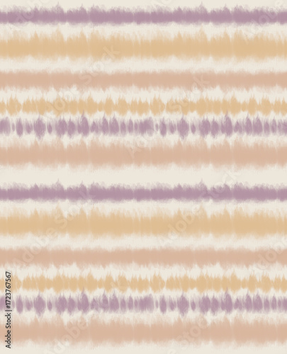 Bohemian tie-dye stripe seamless pattern. Abstract watercolor background with horizontal shibori stripes in earthy purple and ochre for modern fabric, home decor, and textiles.
