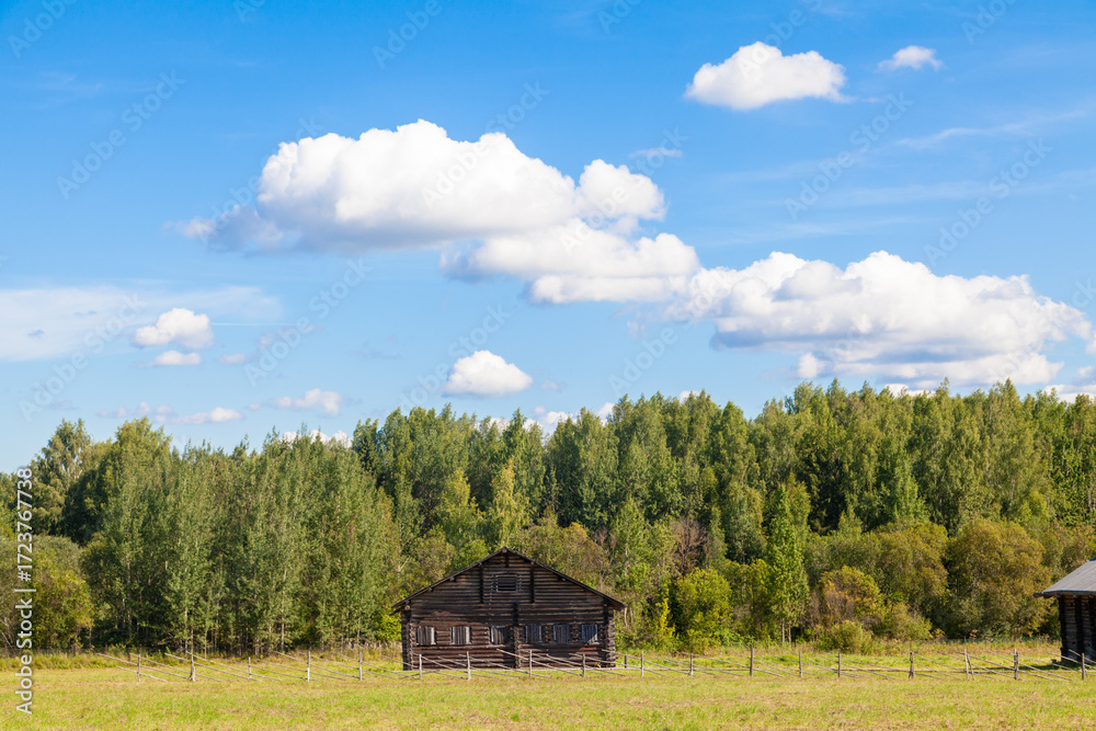 Obraz premium Rural Wooden Houses in Summer Countryside