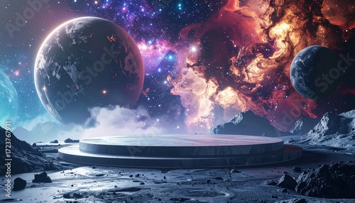 Futuristic Alien Landscape with Planets and Nebula