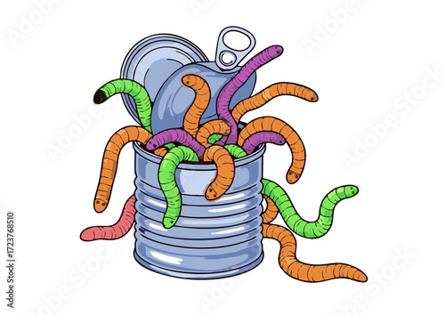 Cartoon Can Overflowing with Colorful Worms Open Lid Grotesque.