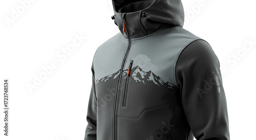 Mountain softshell jacket mockup, modern cut, hooded, isolated on clean white background