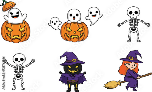 Halloween cartoon characters with pumpkins, ghosts, skeletons, and witches, festive seasonal illustration, playful spooky design, holiday trick or treat celebration art
