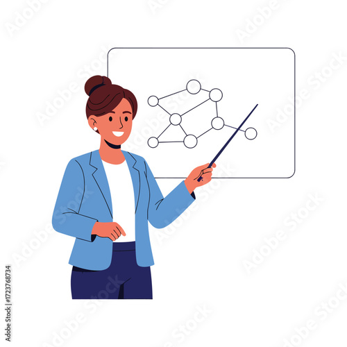 Flat Style Smiling Businesswoman Presenting Graph on Whiteboard Illustration