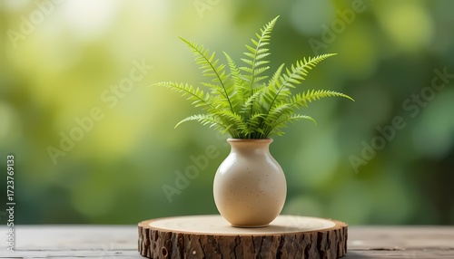 Single Potted Fern in a Small Ceramic Vase Resting on a Natural Wood Slice. A Beautiful, Minimalist Nature Still Life with Bright Green Bokeh Background, Ideal for Themes of Health, Freshness