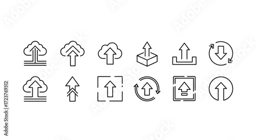 Collection of upload and cloud storage icons featuring upward arrows and data transfer symbols vector