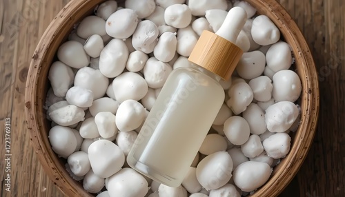 Minimalist Skincare Serum Bottle: Natural Beauty Elixir Resting on White River Stones. Eco-friendly packaging and clean formulation for your daily ritual.