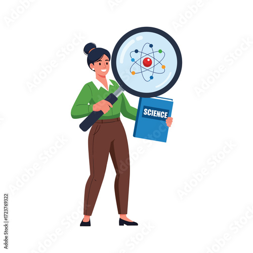 Illustrated Young Woman Holding Science Book and Magnifying Glass Graphic