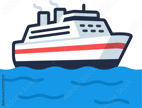 Modern Minimalist Cruise Ship Side View Vector Illustration with Bold Outline and Red Stripe for Premium Maritime Travel and Vacation Graphics