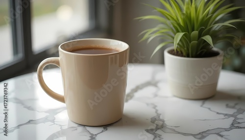 Cozy Coffee Break: Enjoying a Hot Drink and a Moment of Peace by the Window. The perfect blend of a warm beverage, simple decor, and a beautiful marble tabletop.