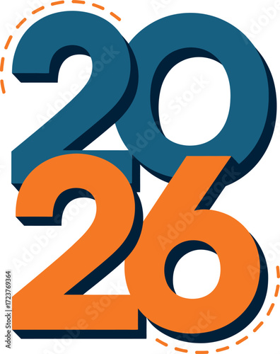 Modern vector illustration celebrating the year 2026 with creative typography. Bold blue and orange numbers with a shadow effect and dashed outline for New Year greetings and future-themed projects