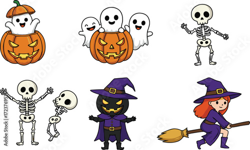 Halloween cartoon characters with pumpkins, ghosts, skeletons, and witches, festive seasonal illustration, playful spooky design, holiday trick or treat celebration art