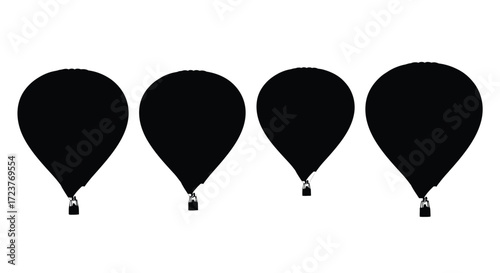 Four silhouette hot air balloons ascending in a row against a white sky vector