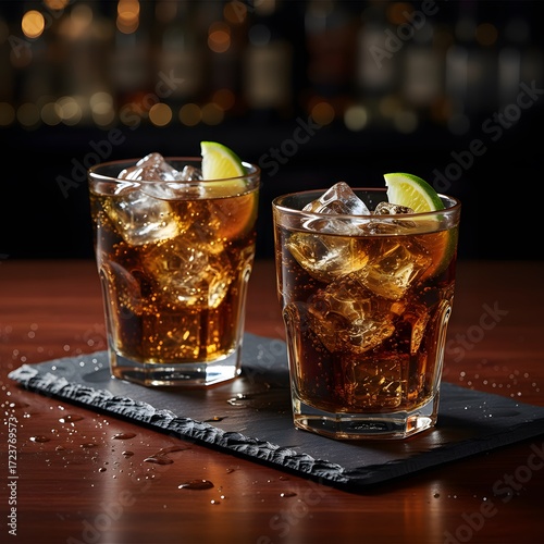 Two refreshing rum and cola drinks with lime and ice served on a dark slate coaster