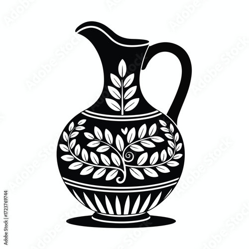 Ancient Greek ceramic vase with two handles, a classical earthenware object isolated on white