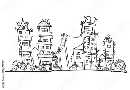 Apartment Blocks Whimsical illustration. Editable Clip Art.