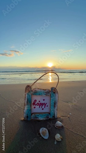 self created Wooden Frame with 'Happy' Text, Set Against the Serene Backdrop of a Sunset Beach, Reflecting Romantic Vibes and Travel Bliss